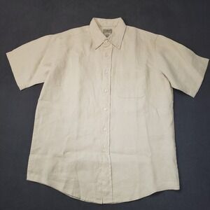 L.L. Bean Button Down Shirt Mens Medium Beige 100% Linen Short Sleeve OAUW7